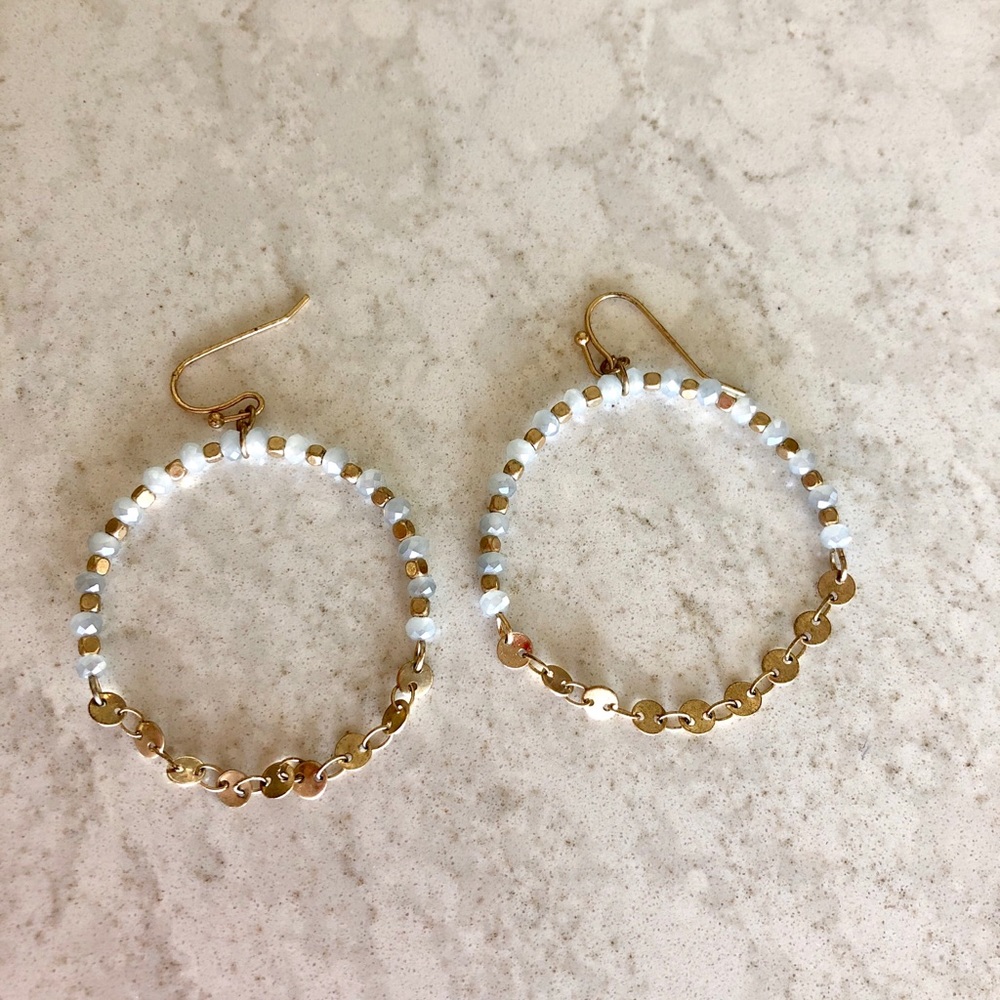 White bead and gold hoop earrings